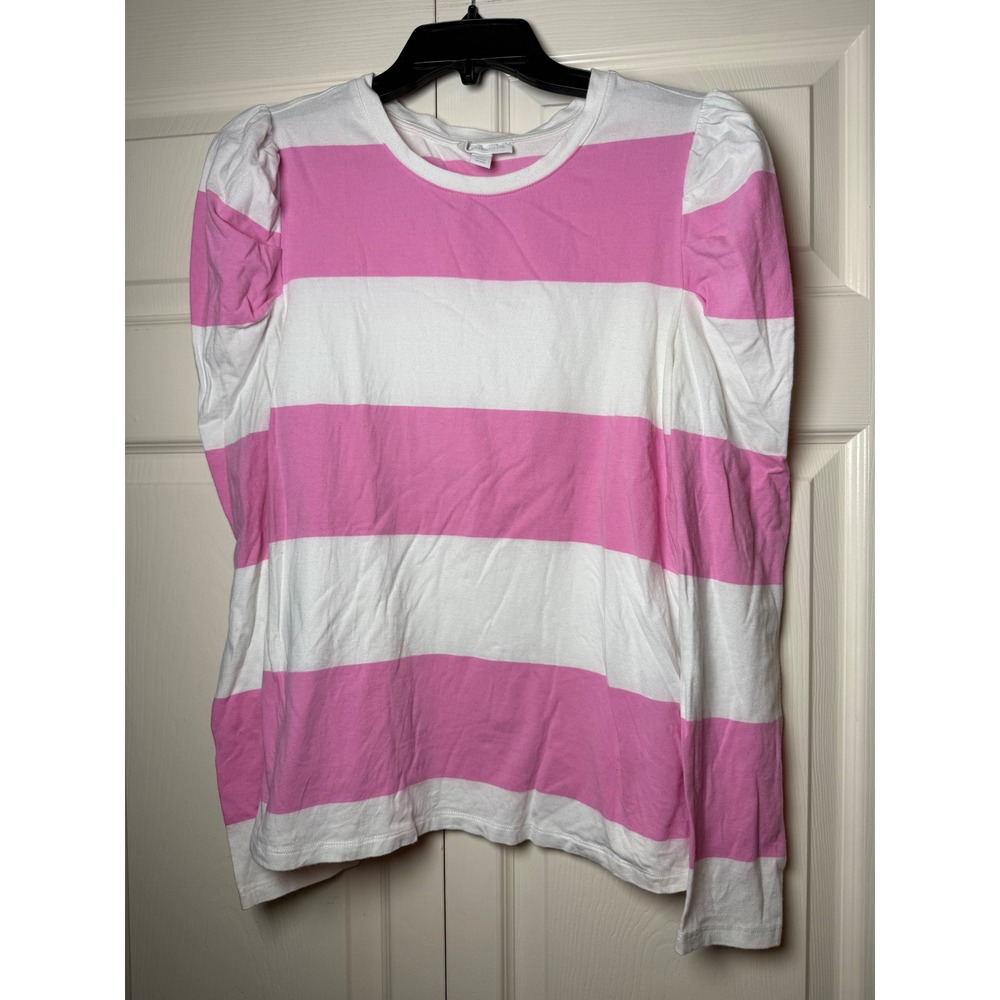 Charter Club Womens Pink White Striped Puff Shoulder Long Sleeve Top Size M